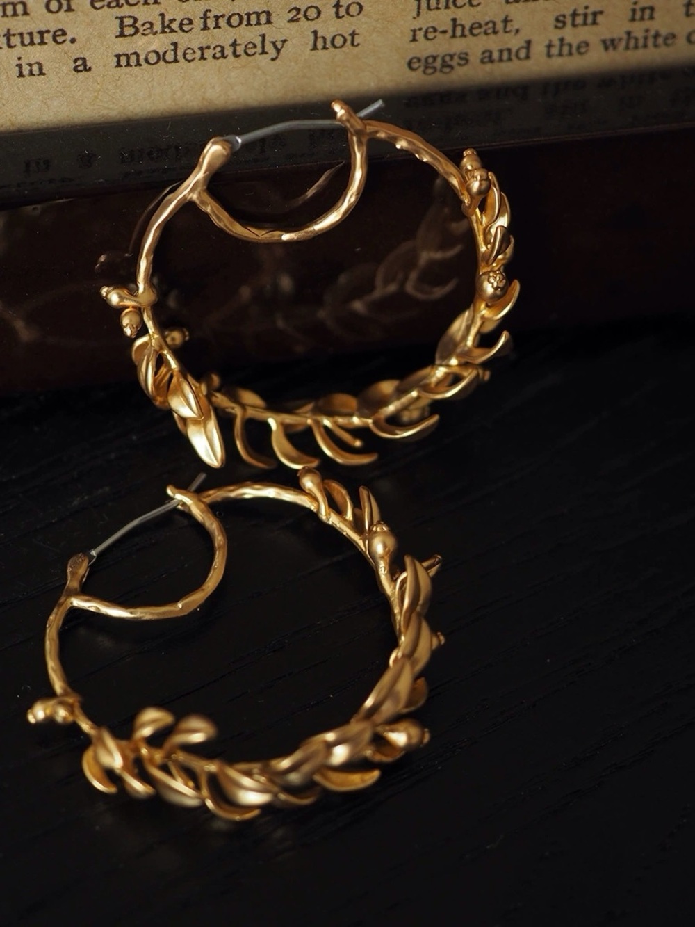 Gold Leaf Wreath Hoop Earrings - Elegant Women's Jewelry